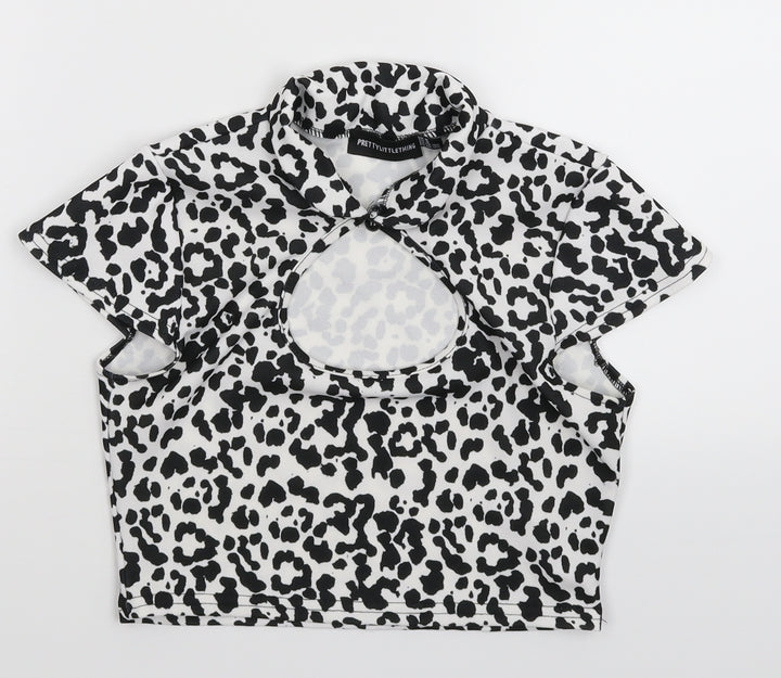 PRETTYLITTLETHING Womens White Animal Print  Cropped T-Shirt Size 8