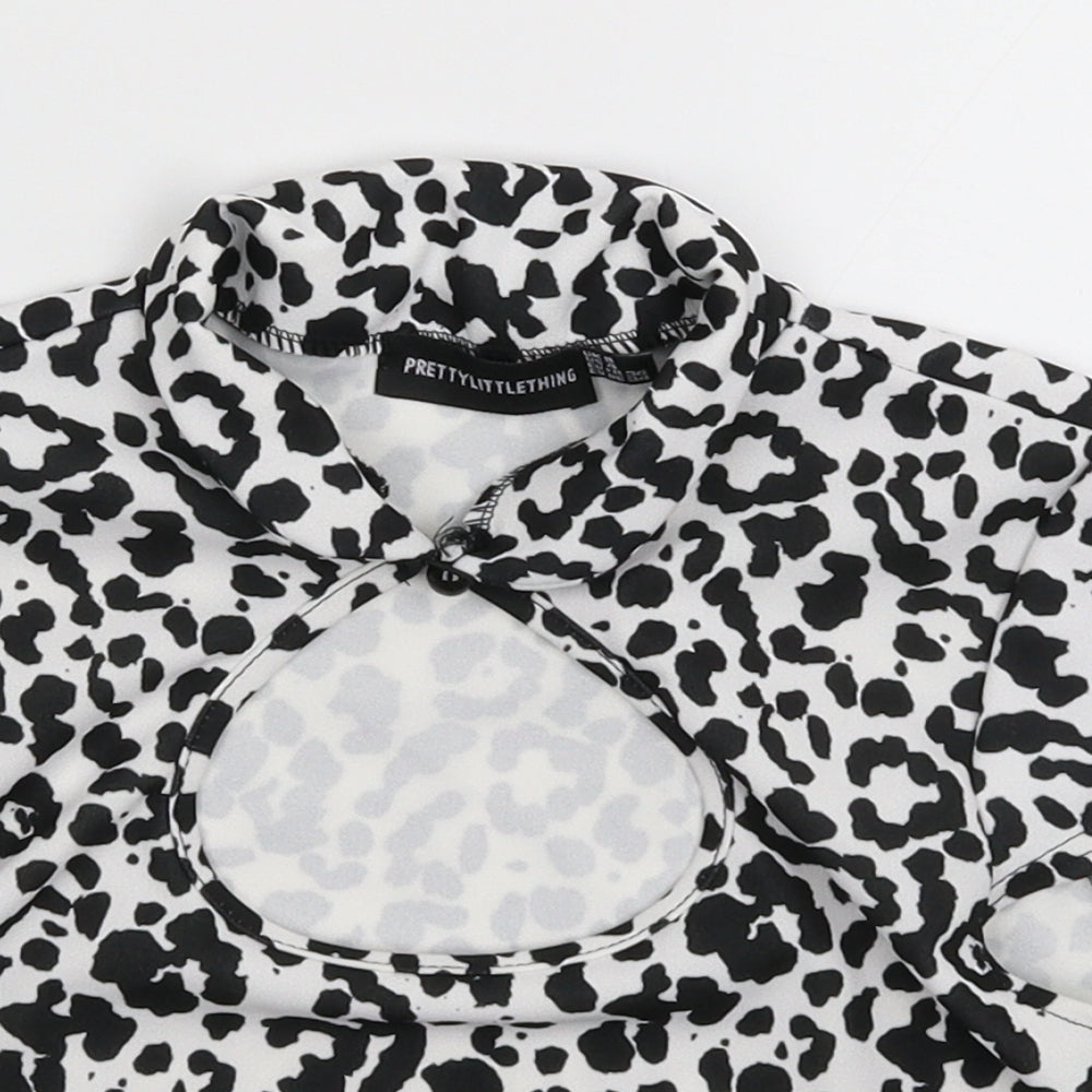 PRETTYLITTLETHING Womens White Animal Print  Cropped T-Shirt Size 8