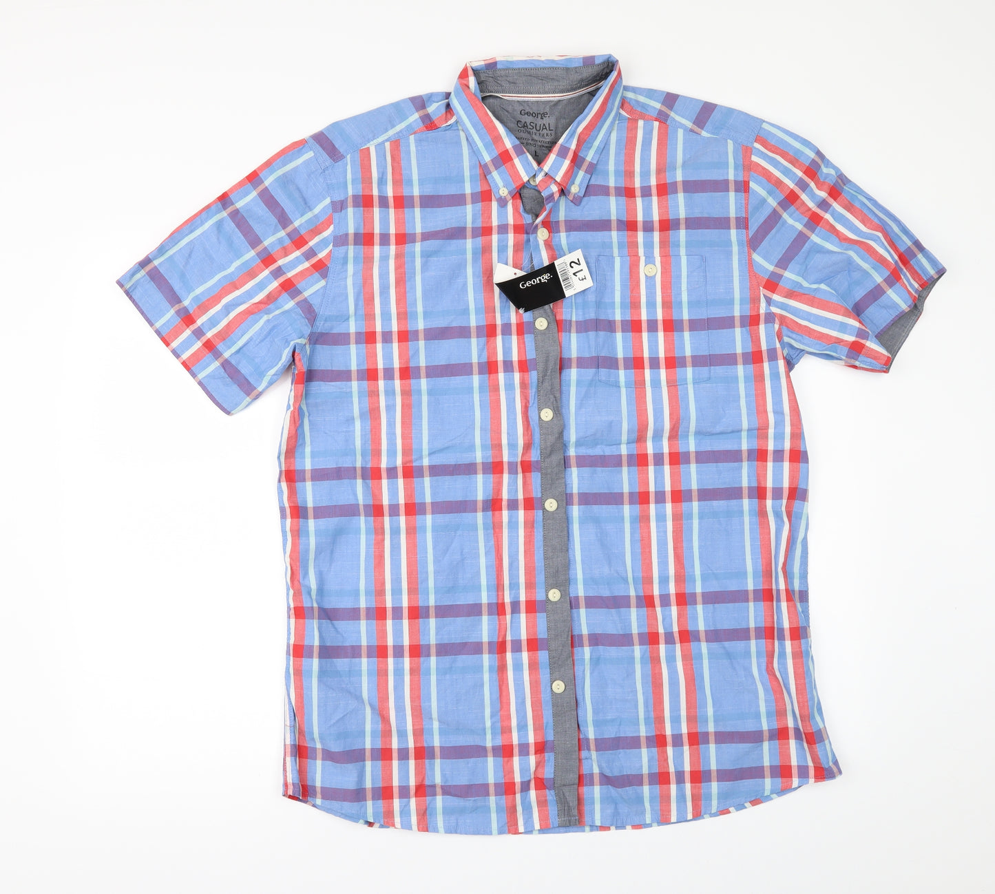 George Mens Blue Check   Button-Up Size L