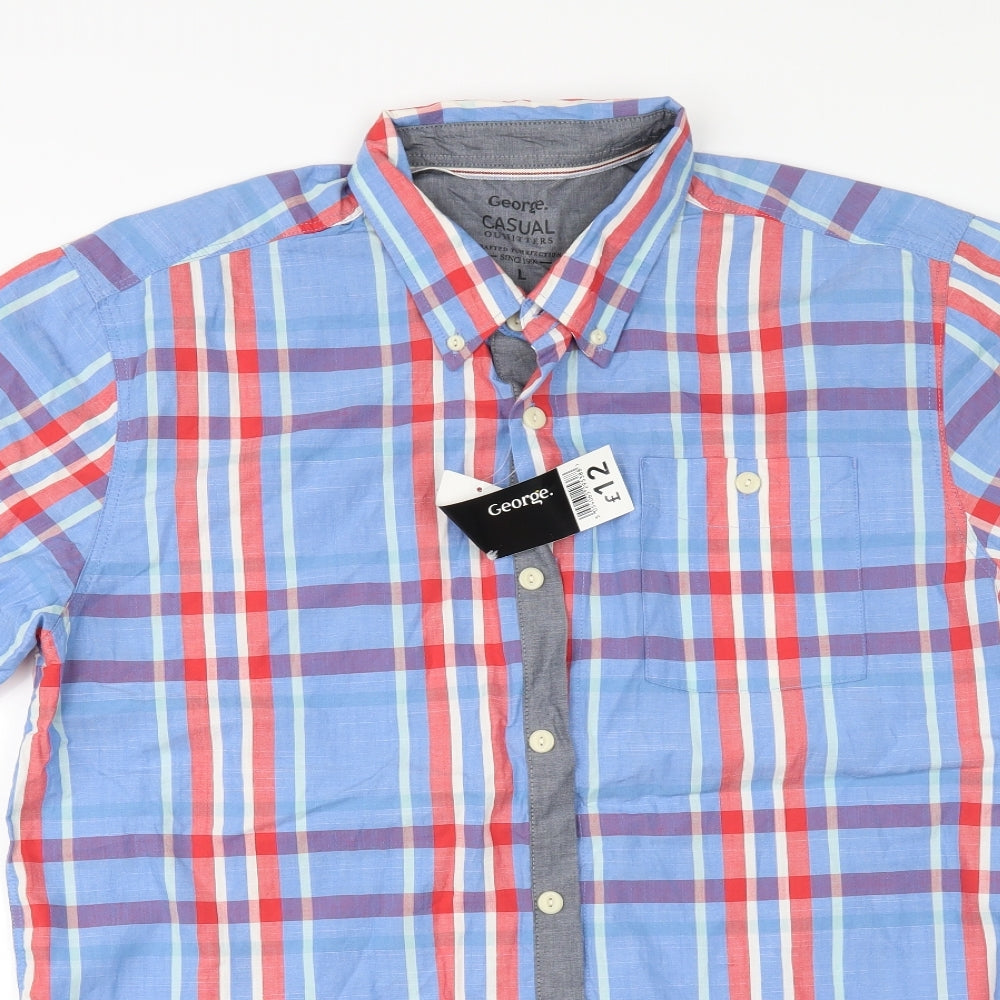 George Mens Blue Check   Button-Up Size L
