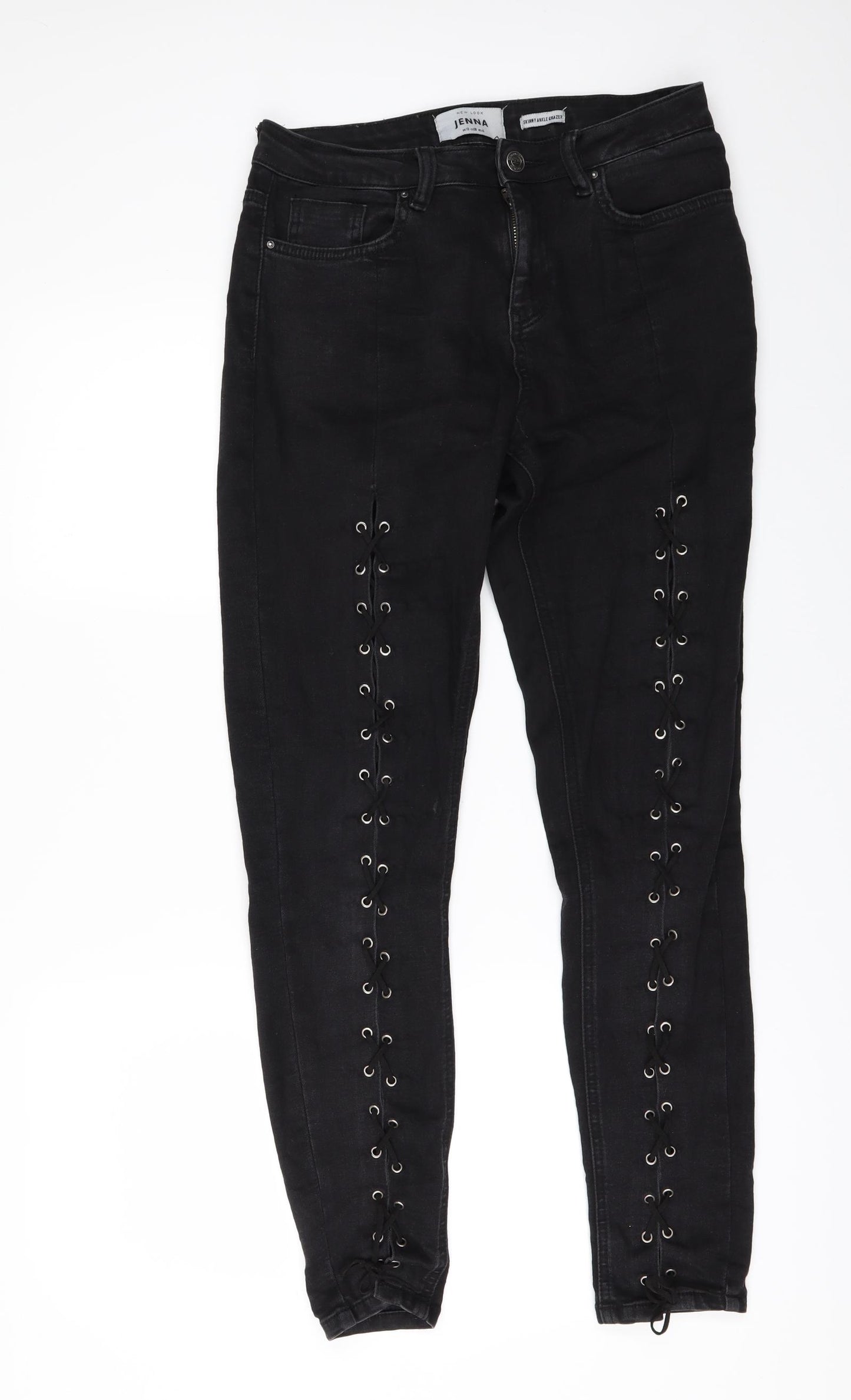 New Look Womens Black  Denim Skinny Jeans Size 10 L29 in - Ankle Grazer LACE UP LEGS