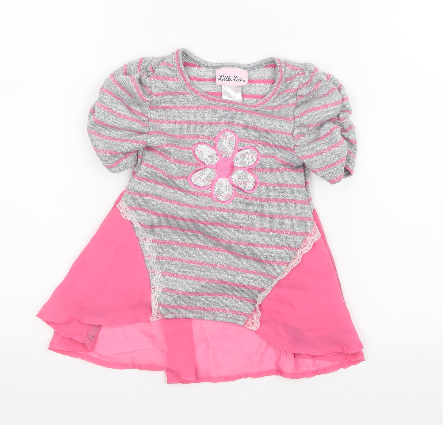 Little Lass Girls Grey Striped  Basic T-Shirt Size 2 Years