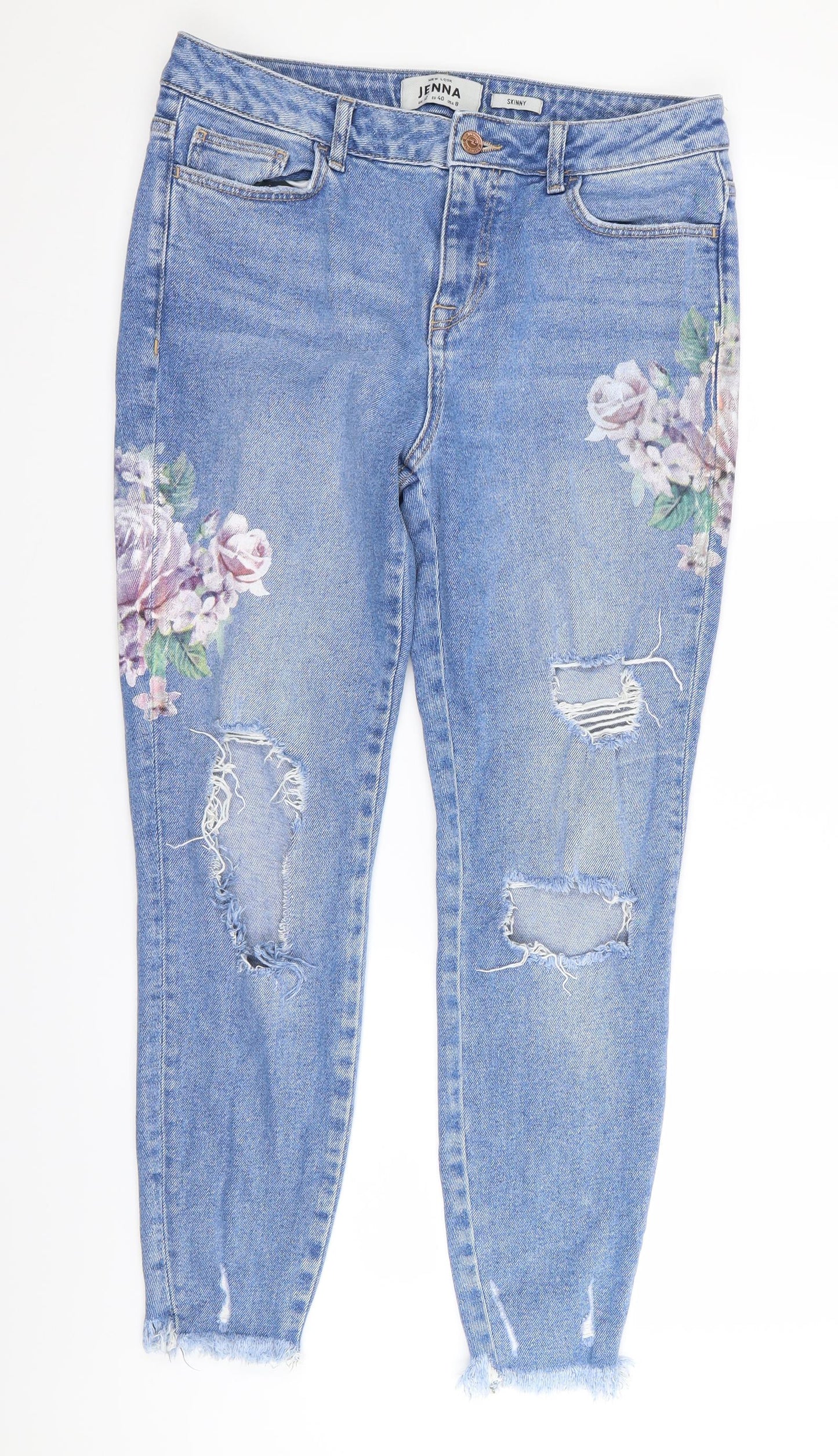 New Look Womens Blue Floral  Skinny Jeans Size 12 L28 in - RIPPED JEANS