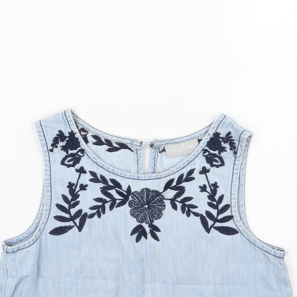 Matalan Girls Blue Floral Denim Ringer Tank Size 8 Years