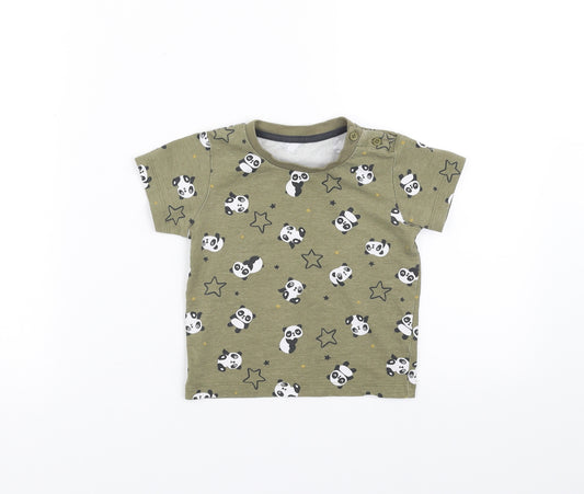 Front view of Matalan boys’ green basic t-shirt, size 9-12, months - panda stars