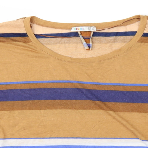Denim & Co. Womens Brown Striped  Basic T-Shirt Size 14