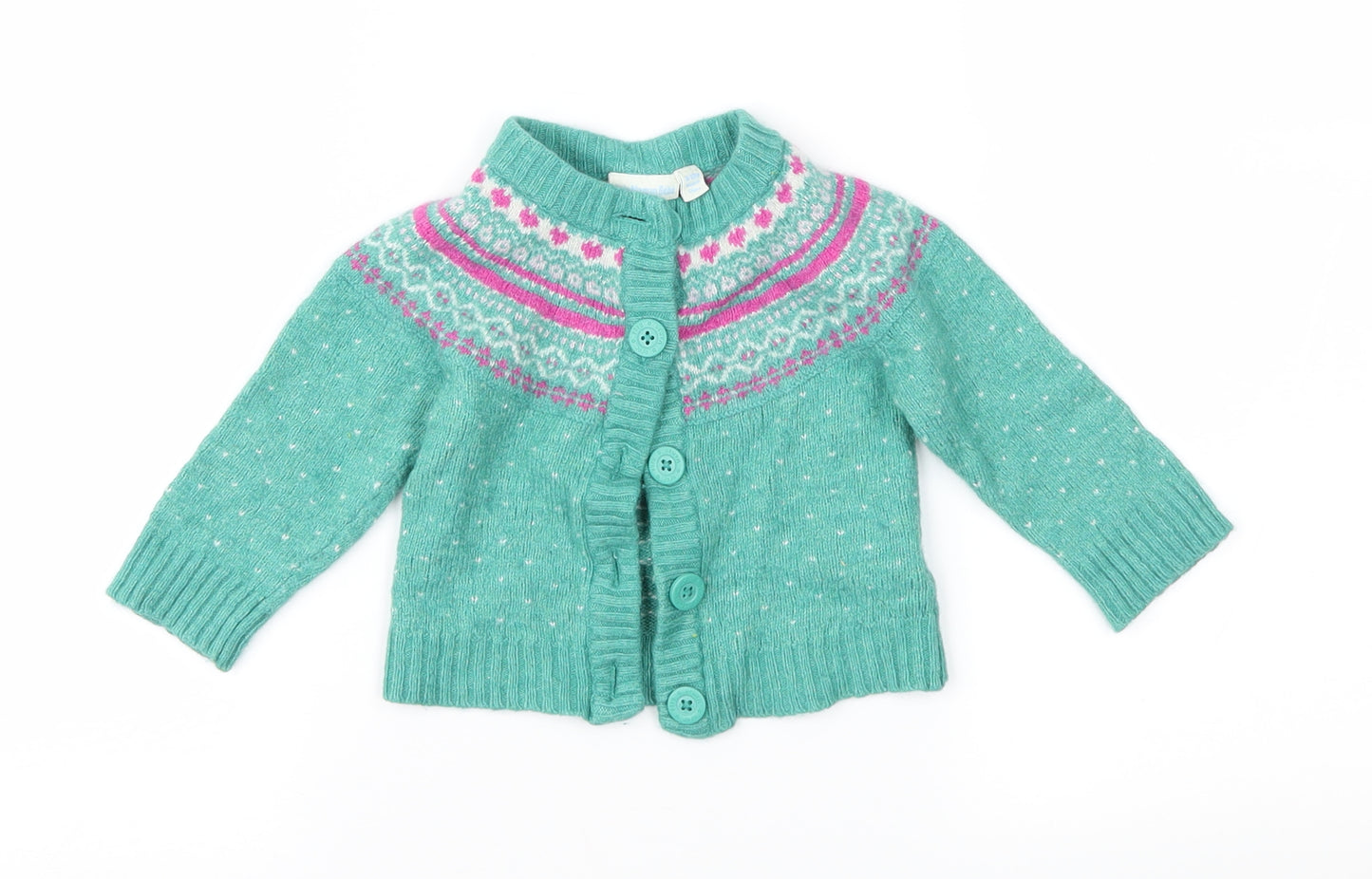 JoJo Maman Bébé Girls Green Fair Isle  Cardigan Jumper Size 9-12 Months