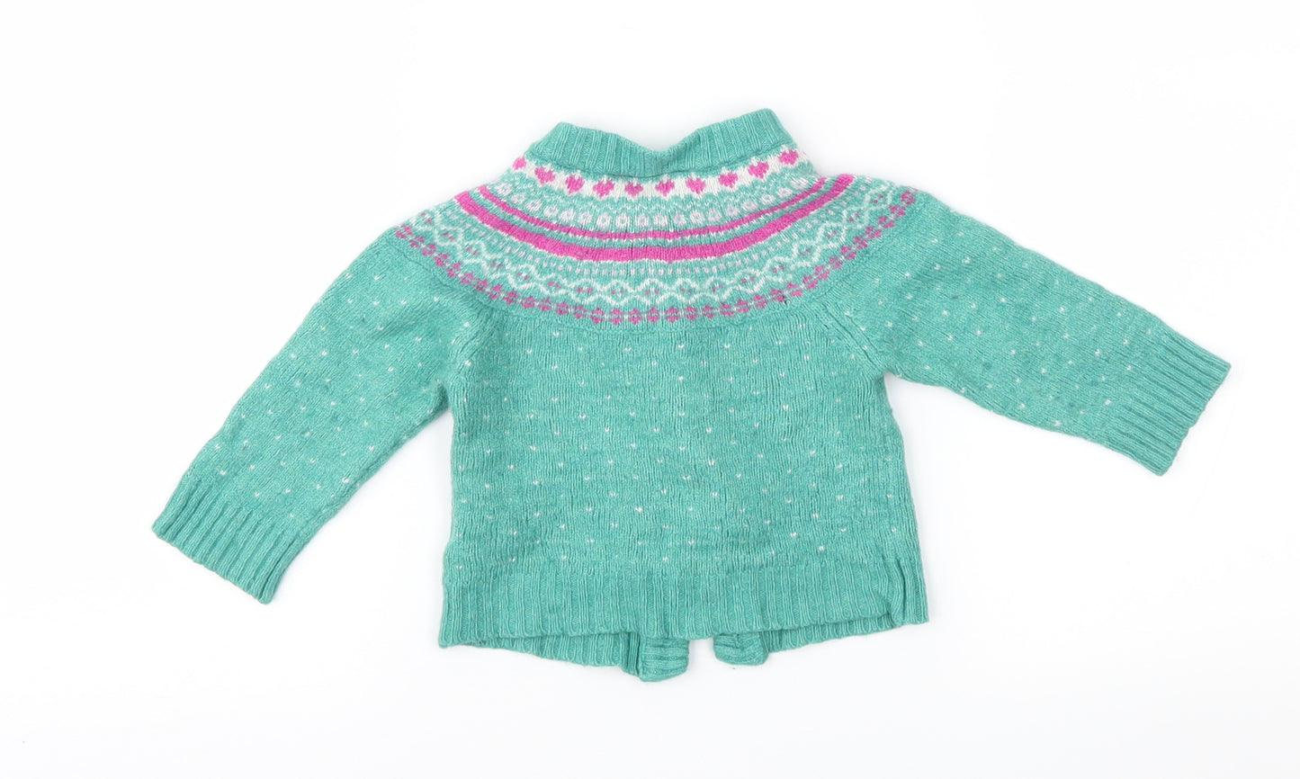 JoJo Maman Bébé Girls Green Fair Isle  Cardigan Jumper Size 9-12 Months