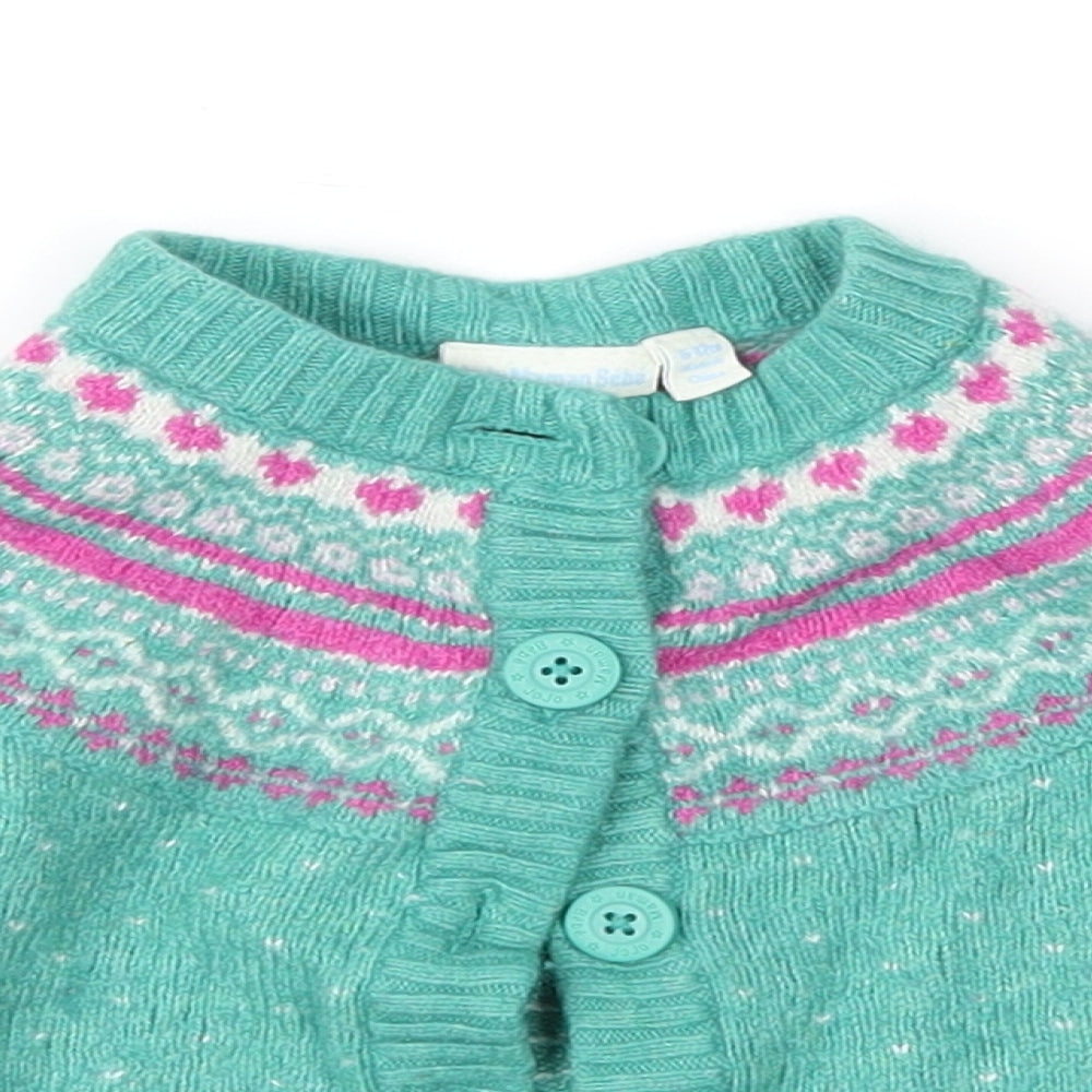 JoJo Maman Bébé Girls Green Fair Isle  Cardigan Jumper Size 9-12 Months