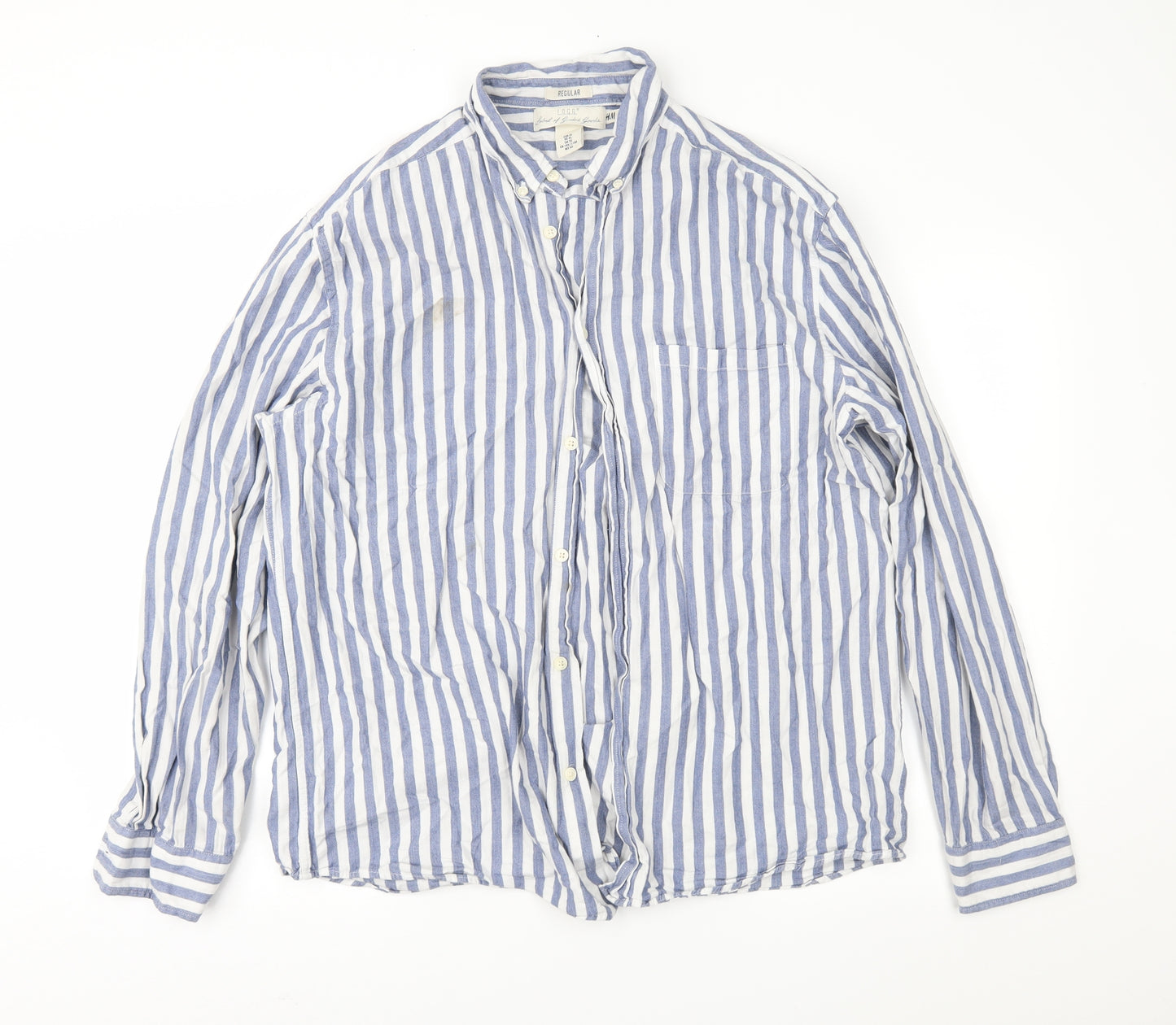 H&M Mens Blue Striped   Button-Up Size XL
