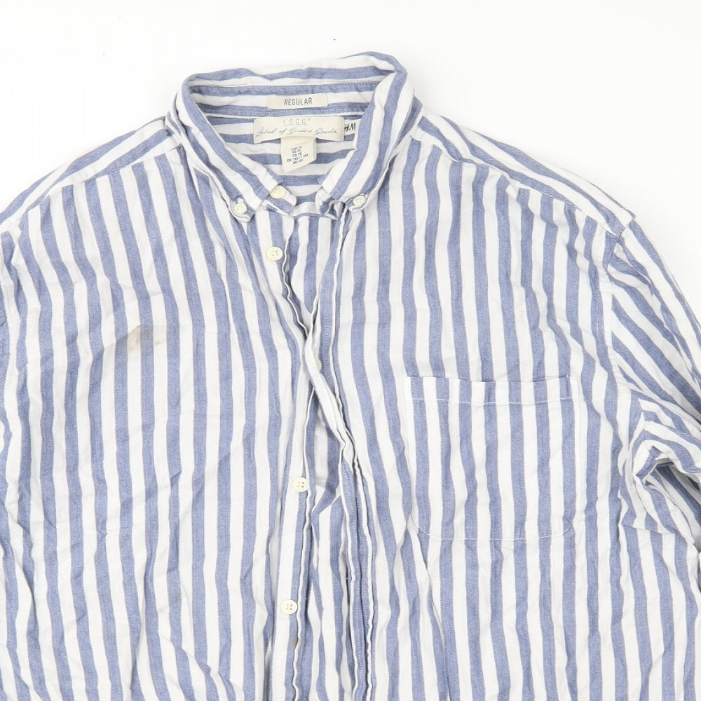 H&M Mens Blue Striped   Button-Up Size XL
