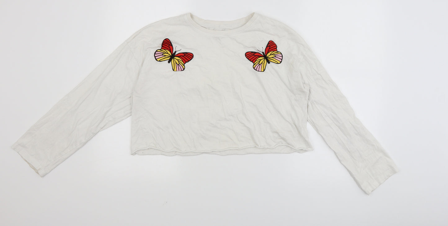 Messy Bun Womens White   Cropped T-Shirt Size L  - butterfly