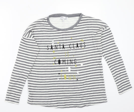 Front view of Next women’s grey striped basic t-shirt, size UK 8, - christmas
