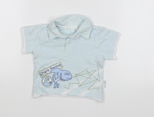 Front view of Nursery Time Baby Blue Basic Polo, size 0-3, Months - Shark patrol