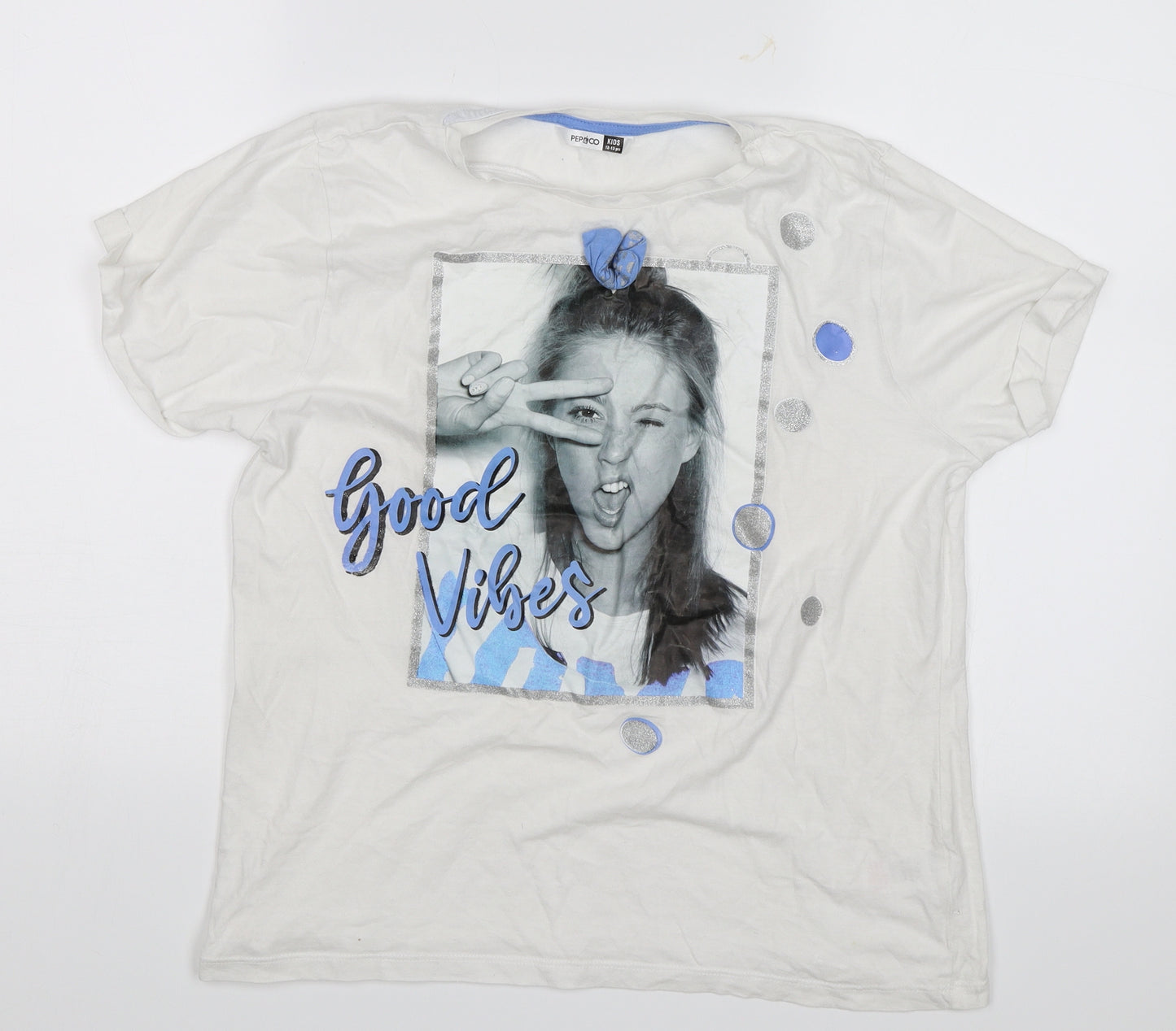 Pep&Co Girls White   Basic T-Shirt Size 12-13 Years  - Good vibes