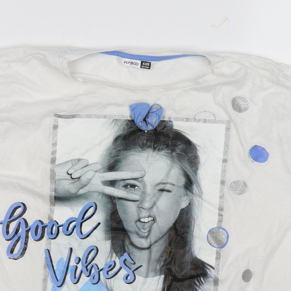 Pep&Co Girls White   Basic T-Shirt Size 12-13 Years  - Good vibes