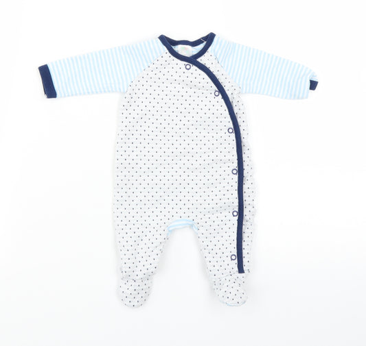 Front view of Mini Club Baby Blue Polka Dot Babygrow One-Piece, size 0-3, Months