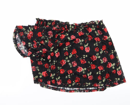 Front view of Primark women’s black floral cropped tank, size UK 12