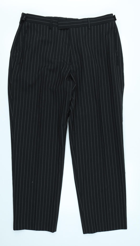 Front view of Preworn men’s black striped capri trousers, size 38, in, 26-inch leg