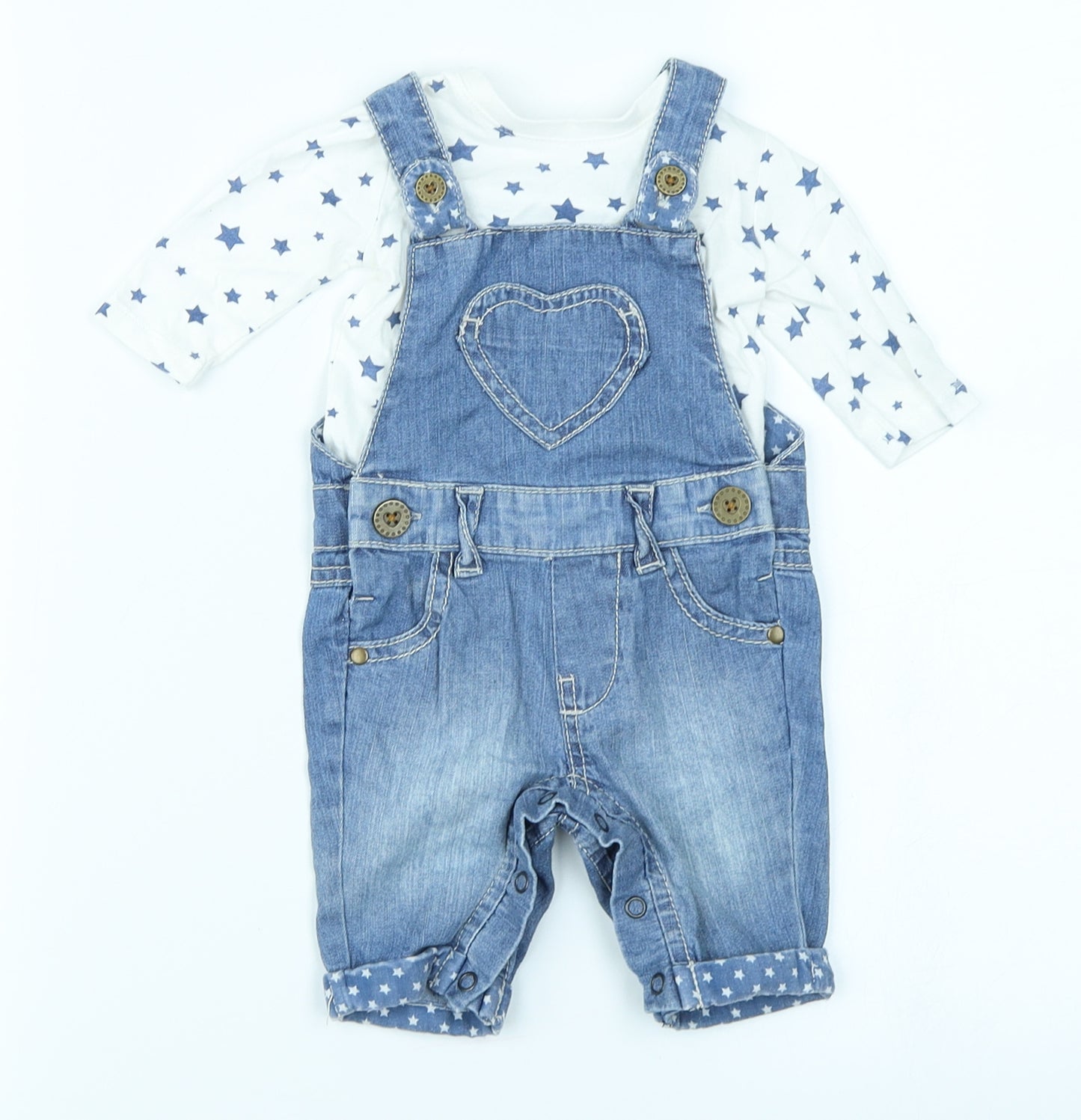 F&F Girls Blue Spotted Denim Dungaree Outfit/Set Size 0-3 Months