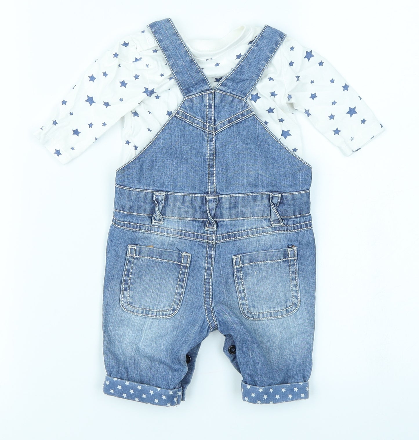 F&F Girls Blue Spotted Denim Dungaree Outfit/Set Size 0-3 Months