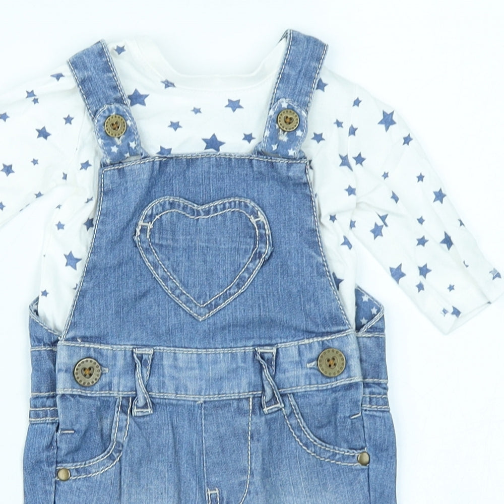 F&F Girls Blue Spotted Denim Dungaree Outfit/Set Size 0-3 Months