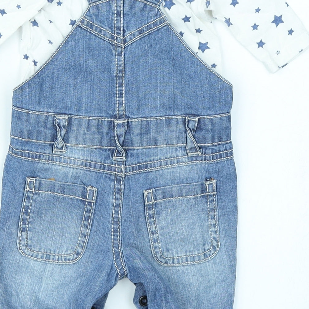 F&F Girls Blue Spotted Denim Dungaree Outfit/Set Size 0-3 Months