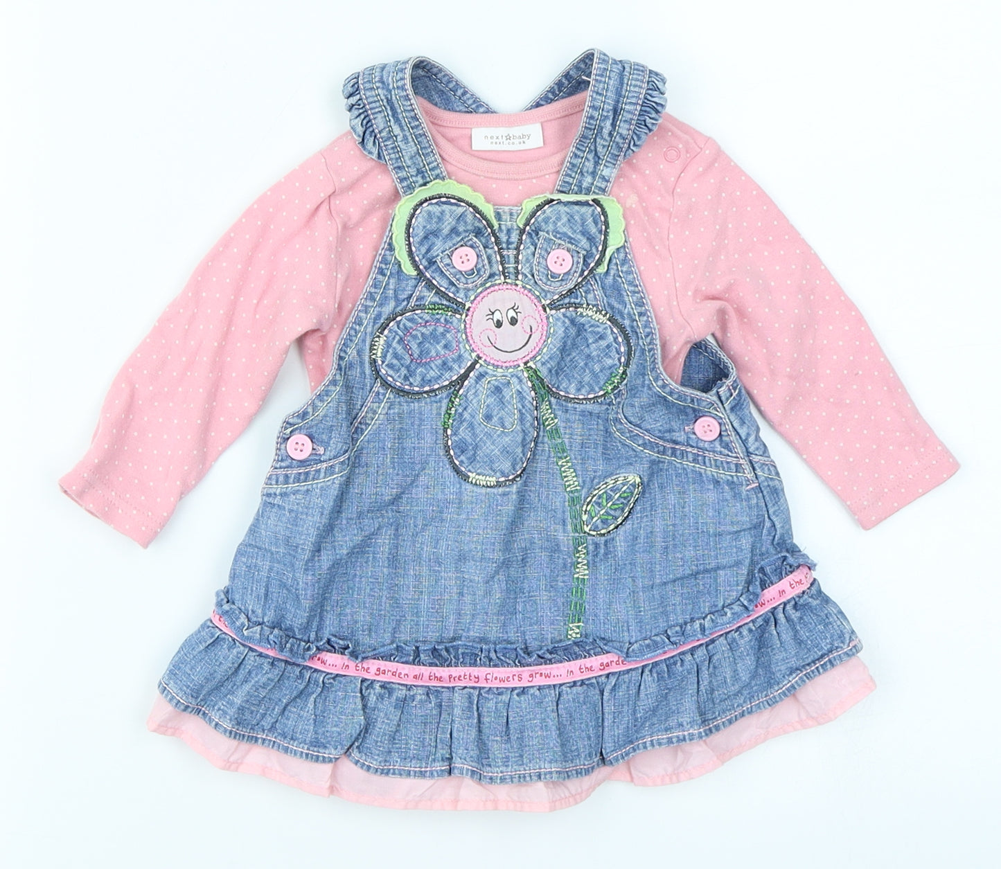 NEXT Girls Pink Spotted Denim Dungaree Outfit/Set Size 3-6 Months  - Vest and Dungaree dress