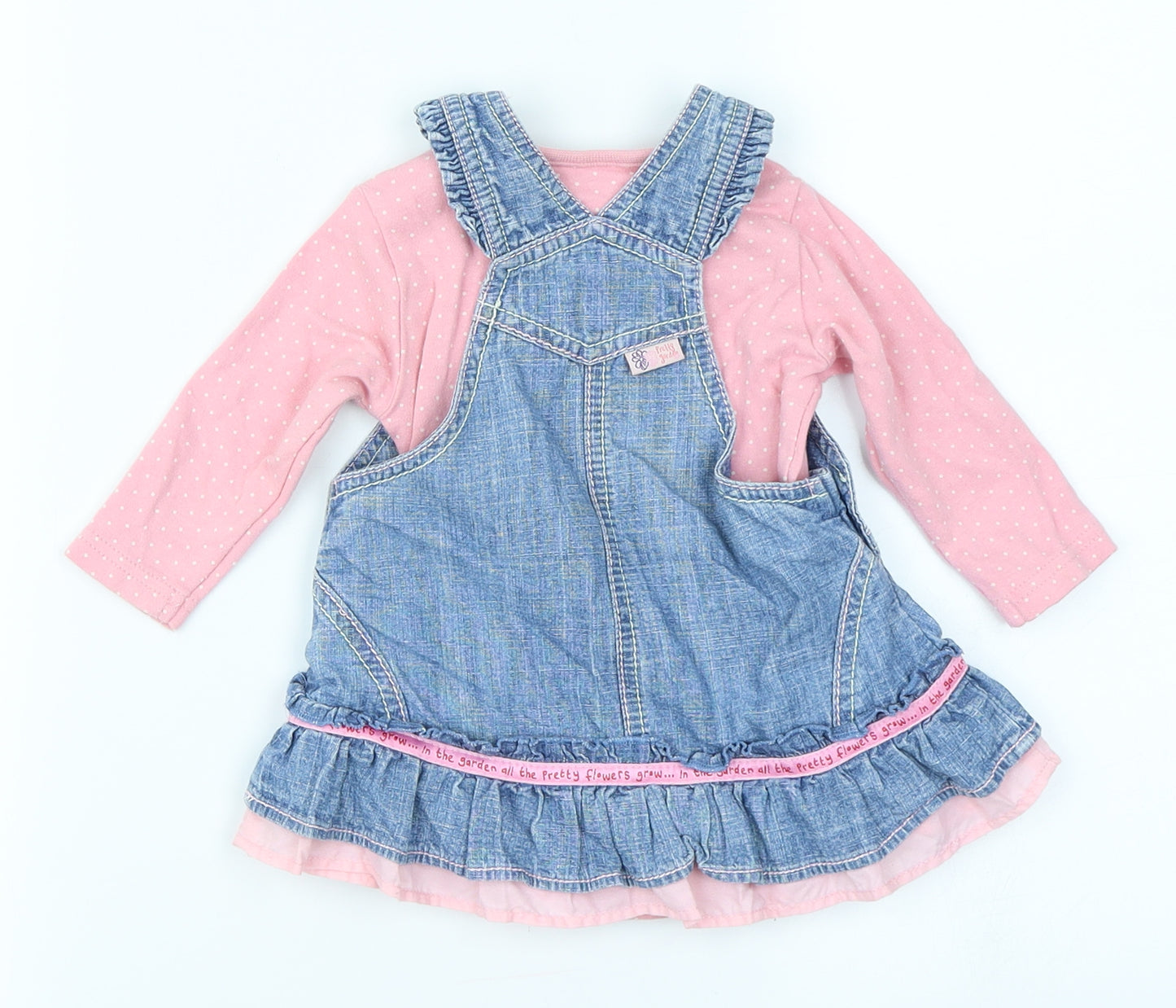 NEXT Girls Pink Spotted Denim Dungaree Outfit/Set Size 3-6 Months  - Vest and Dungaree dress