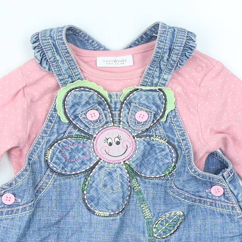 NEXT Girls Pink Spotted Denim Dungaree Outfit/Set Size 3-6 Months  - Vest and Dungaree dress
