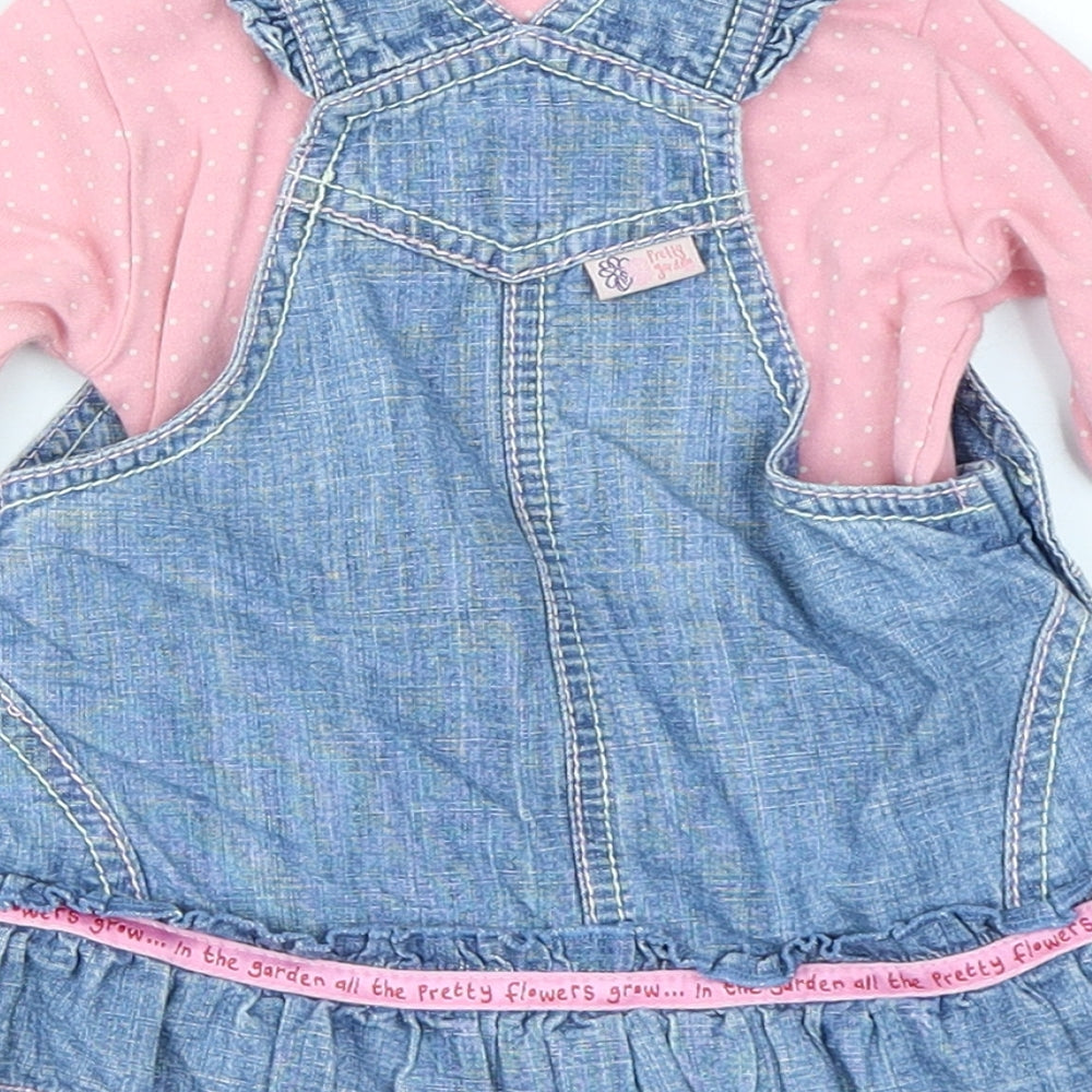 NEXT Girls Pink Spotted Denim Dungaree Outfit/Set Size 3-6 Months  - Vest and Dungaree dress