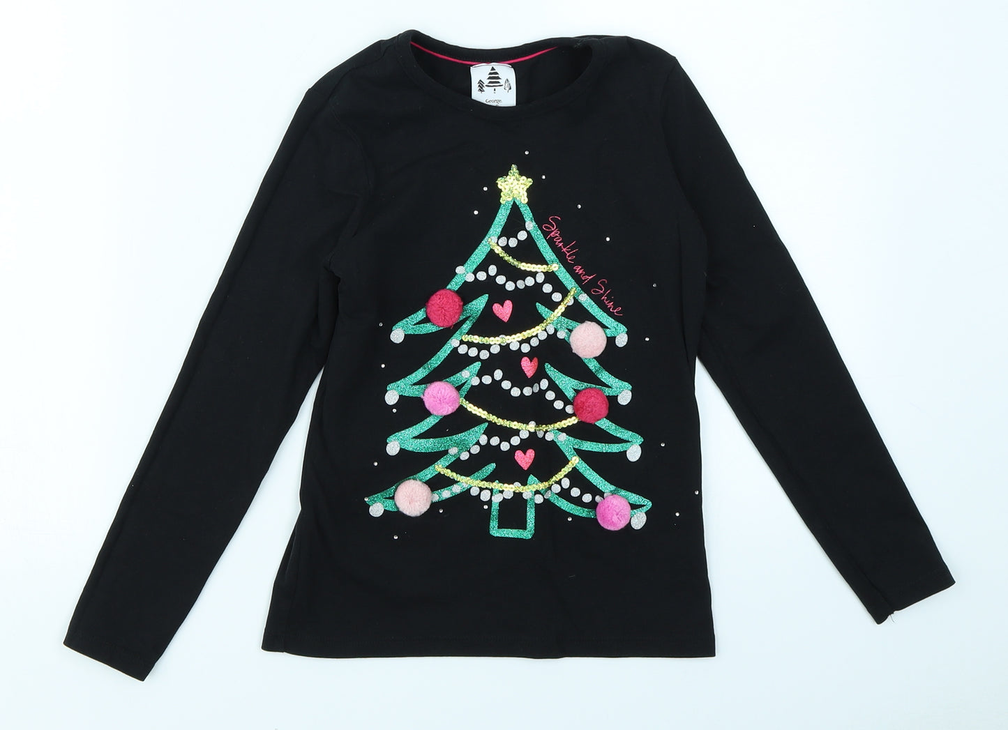 George Girls Black   Basic T-Shirt Size 7-8 Years  - Christmas Tree