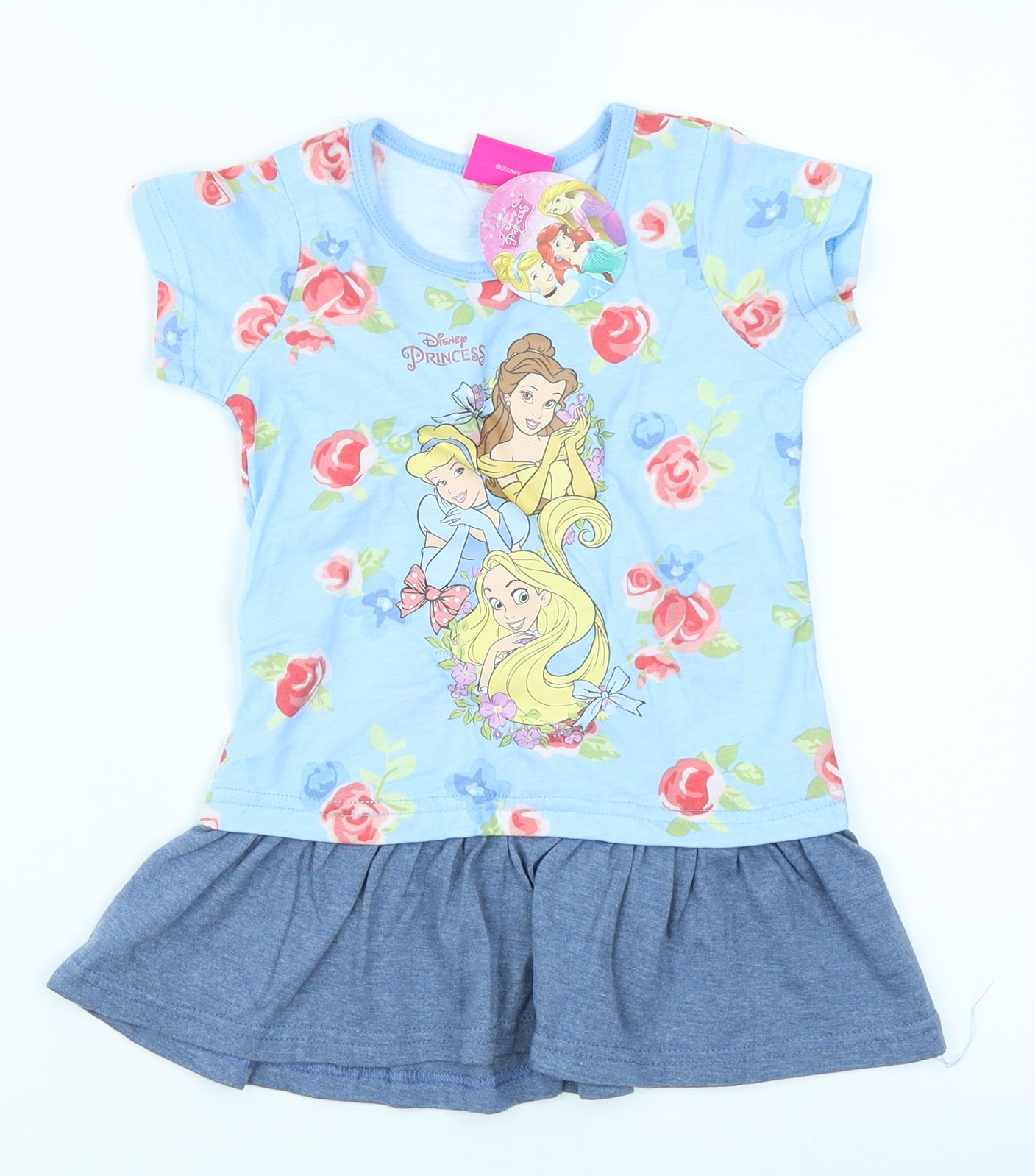 Disney Princess Girls Blue Floral  T-Shirt Dress  Size 2-3 Years