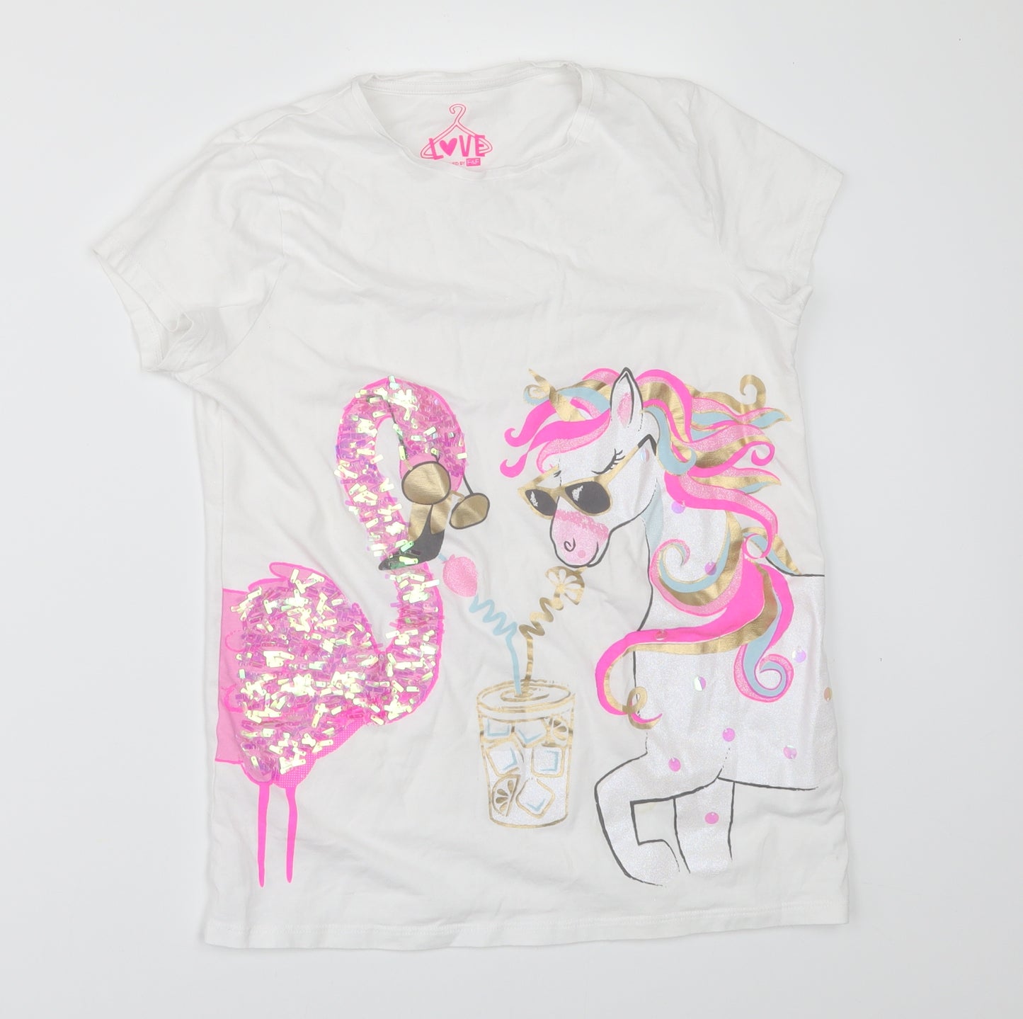 F&F Girls White   Basic T-Shirt Size 12-13 Years  - unicorn