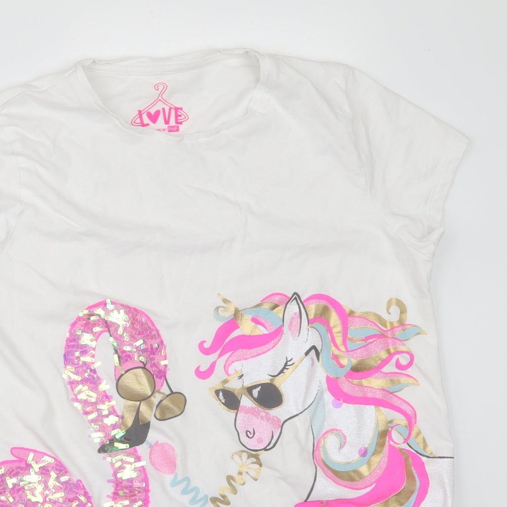 F&F Girls White   Basic T-Shirt Size 12-13 Years  - unicorn
