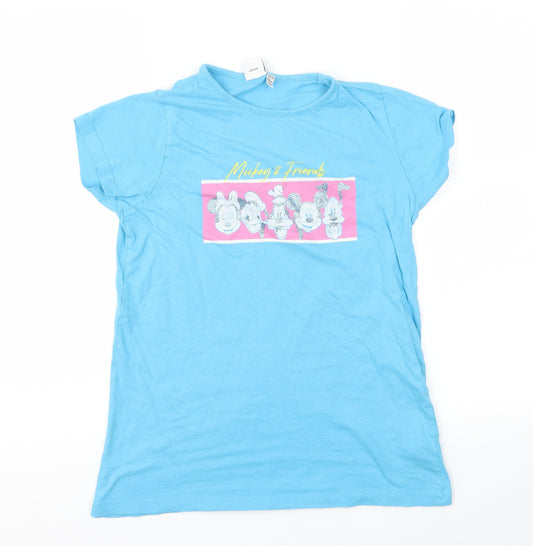 Front view of mickey mouse girls’ blue animal print basic t-shirt, size 11-12, years