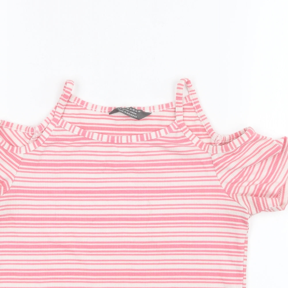 Primark Girls Pink Striped  Basic T-Shirt Size 12-13 Years  - Open Shoulders