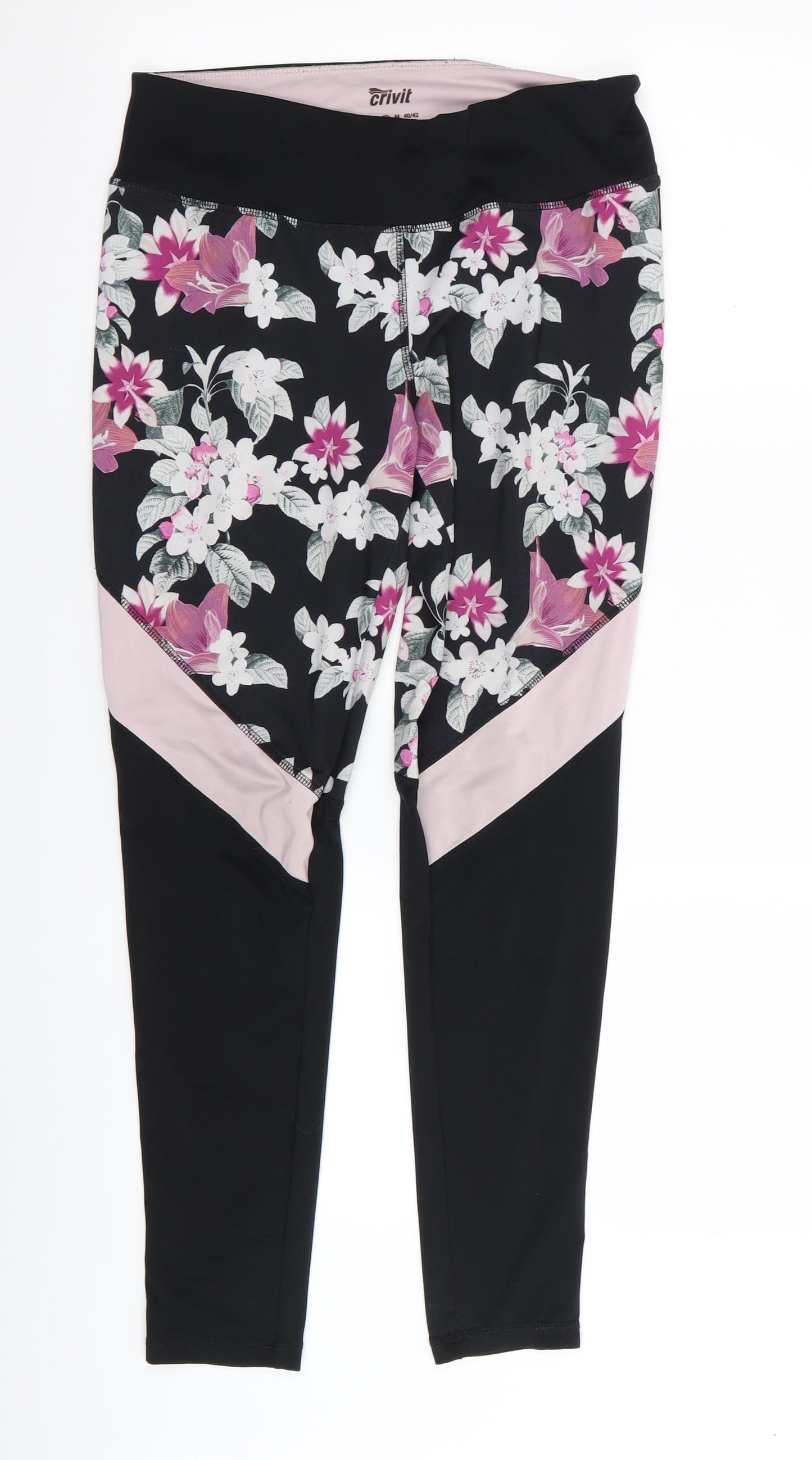 Crivit Womens Black Floral  Compression Leggings Size 12 L28 in - Stretch waistband