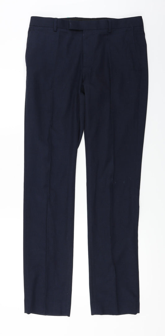 Front view of Preworn men’s blue trousers, size 32, in, 30-inch leg