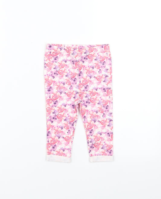 Front view of Matalan girls’ pink floral trousers, size 9-12, months