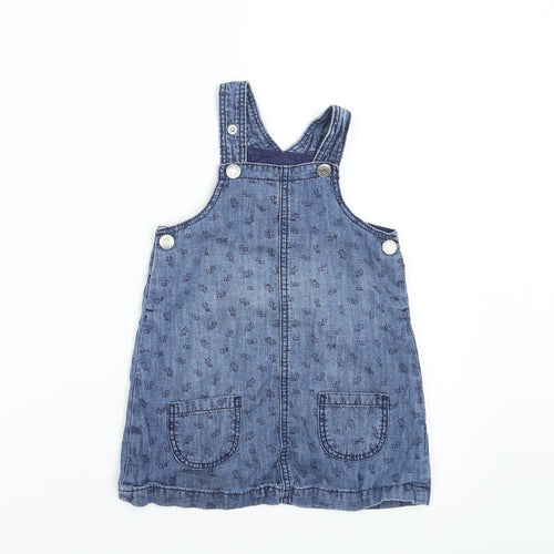 H&M Girls Blue Floral Denim Pinafore/Dungaree Dress  Size 12-18 Months