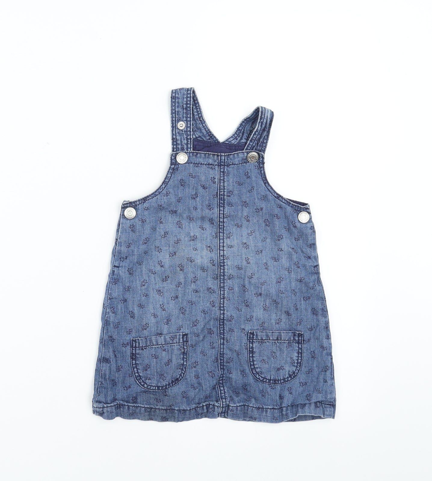 H&M Girls Blue Floral Denim Pinafore/Dungaree Dress  Size 12-18 Months