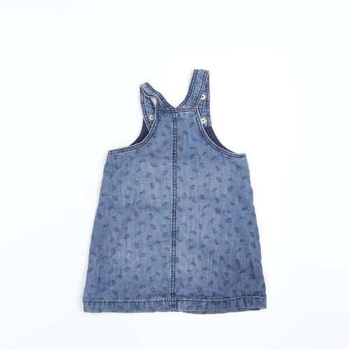 H&M Girls Blue Floral Denim Pinafore/Dungaree Dress  Size 12-18 Months