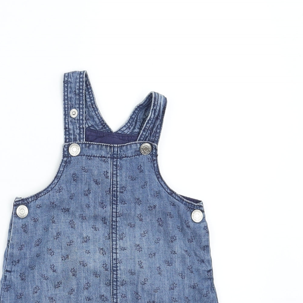 H&M Girls Blue Floral Denim Pinafore/Dungaree Dress  Size 12-18 Months