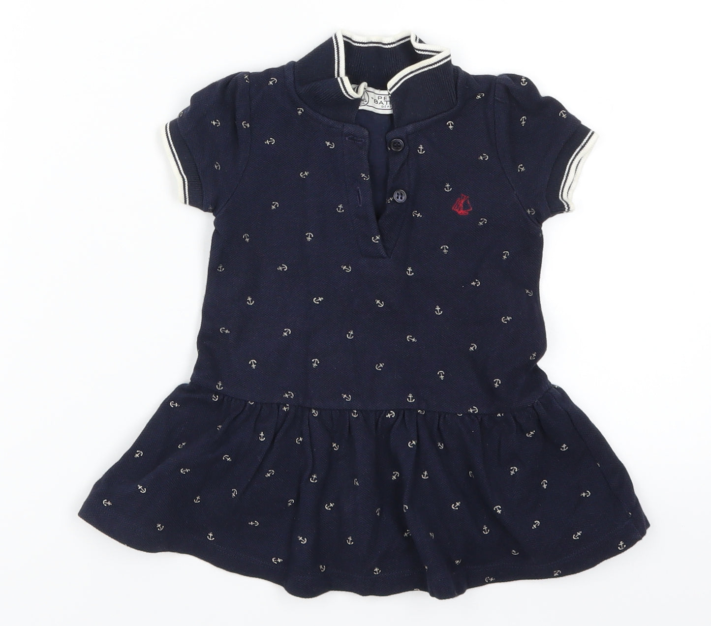 Petit Bateau Girls Blue Geometric  Skater Dress  Size 3-6 Months  - Anchor Print