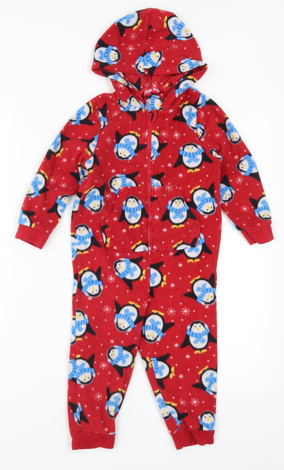 Preworn Boys Red Solid Fleece  One Piece Size 2-3 Years  - Penguins
