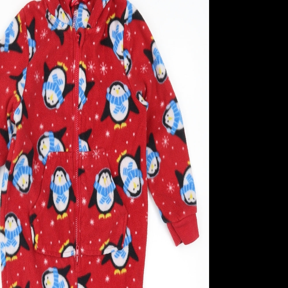 Preworn Boys Red Solid Fleece  One Piece Size 2-3 Years  - Penguins