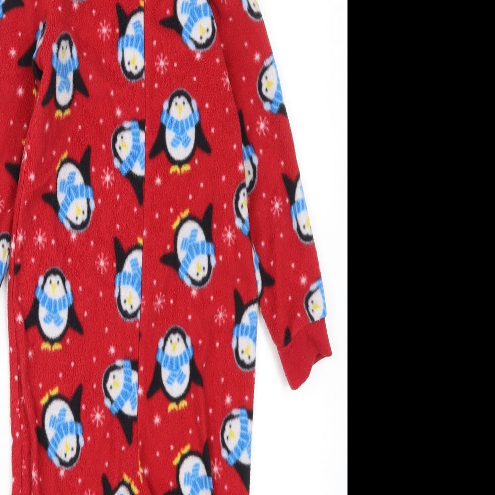 Preworn Boys Red Solid Fleece  One Piece Size 2-3 Years  - Penguins