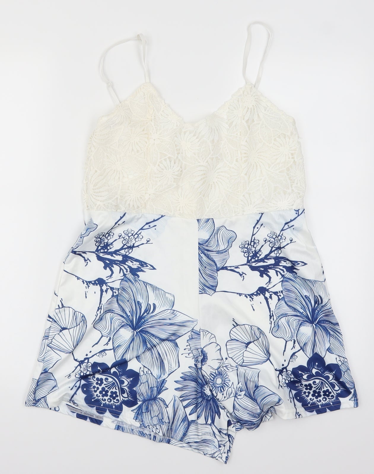 Fasion Womens Blue Floral Lace Playsuit One-Piece Size XL L3 in - Blue