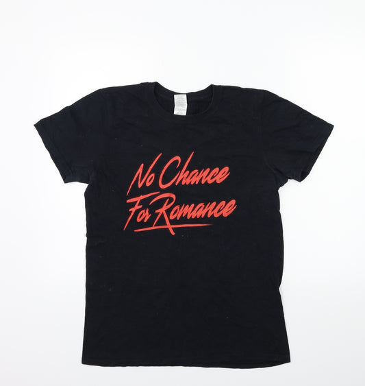 Front view of Gildan women’s black basic t-shirt, size S, - no romance